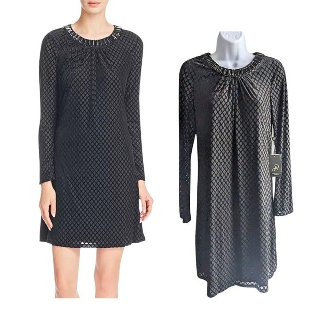 Adrianna Papell Black Diamond Lattice Beaded Neck Burn Out Shift Dress Size 4
